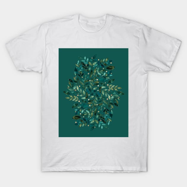 Seasonal branches and berries - green and gold on teal T-Shirt by wackapacka